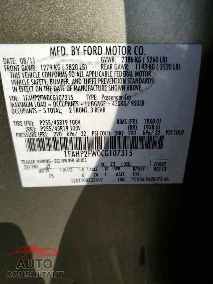 FORD TAURUS 2012 - 1FAHP2FW0CG107315