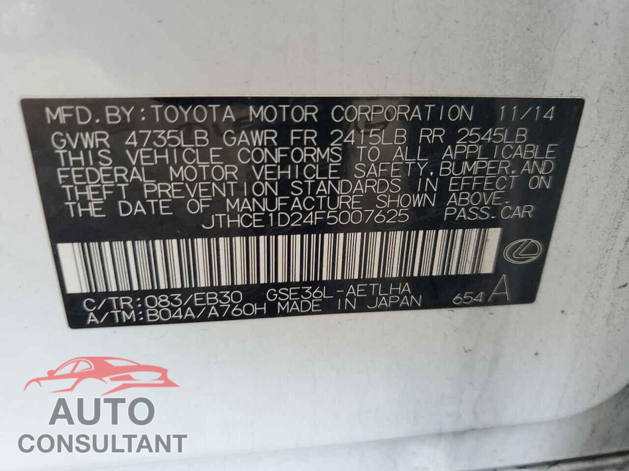 LEXUS IS 2015 - JTHCE1D24F5007625