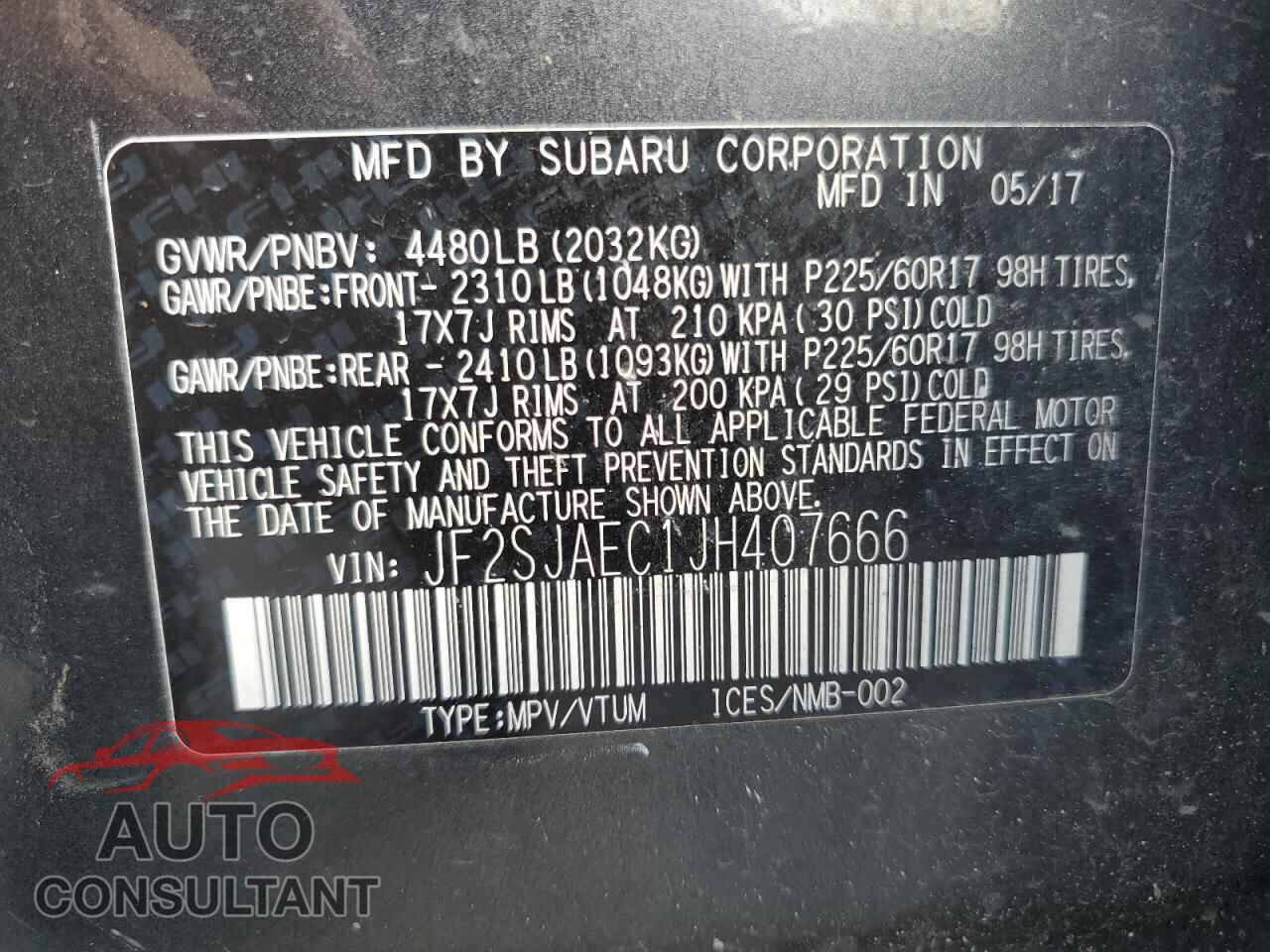 SUBARU FORESTER 2018 - JF2SJAEC1JH407666