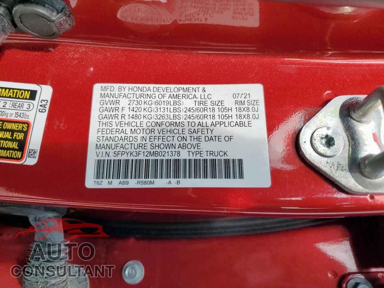 HONDA RIDGELINE 2021 - 5FPYK3F12MB021378