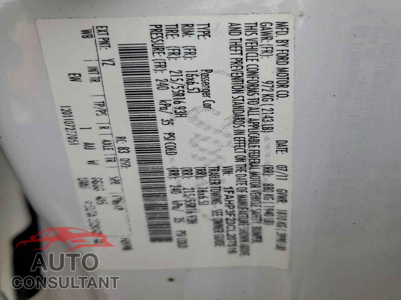 FORD FOCUS 2012 - 1FAHP3F23CL207516