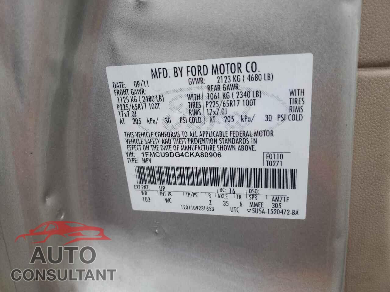FORD ESCAPE 2012 - 1FMCU9DG4CKA80906