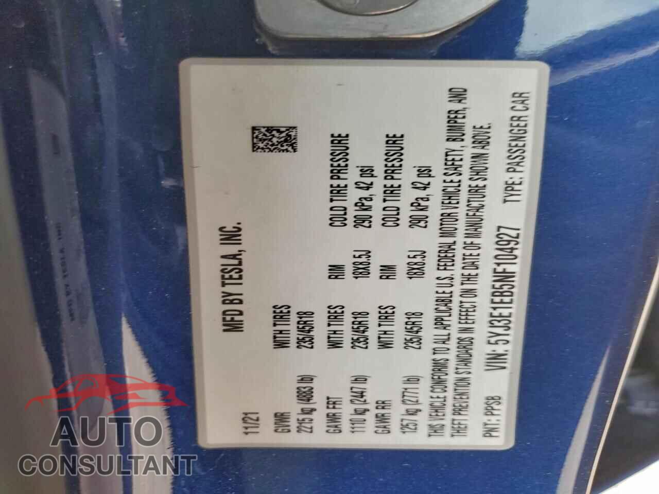 TESLA MODEL 3 2022 - 5YJ3E1EB5NF104927