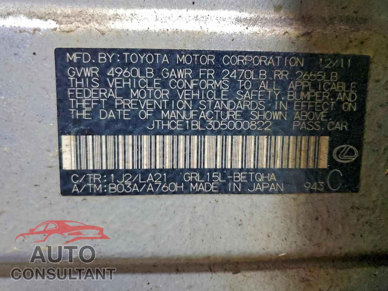LEXUS GS350 2013 - JTHCE1BL3D5000822