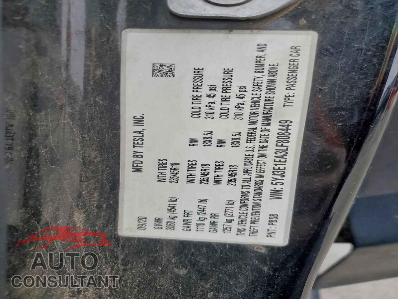 TESLA MODEL 3 2020 - 5YJ3E1EA3LF808449
