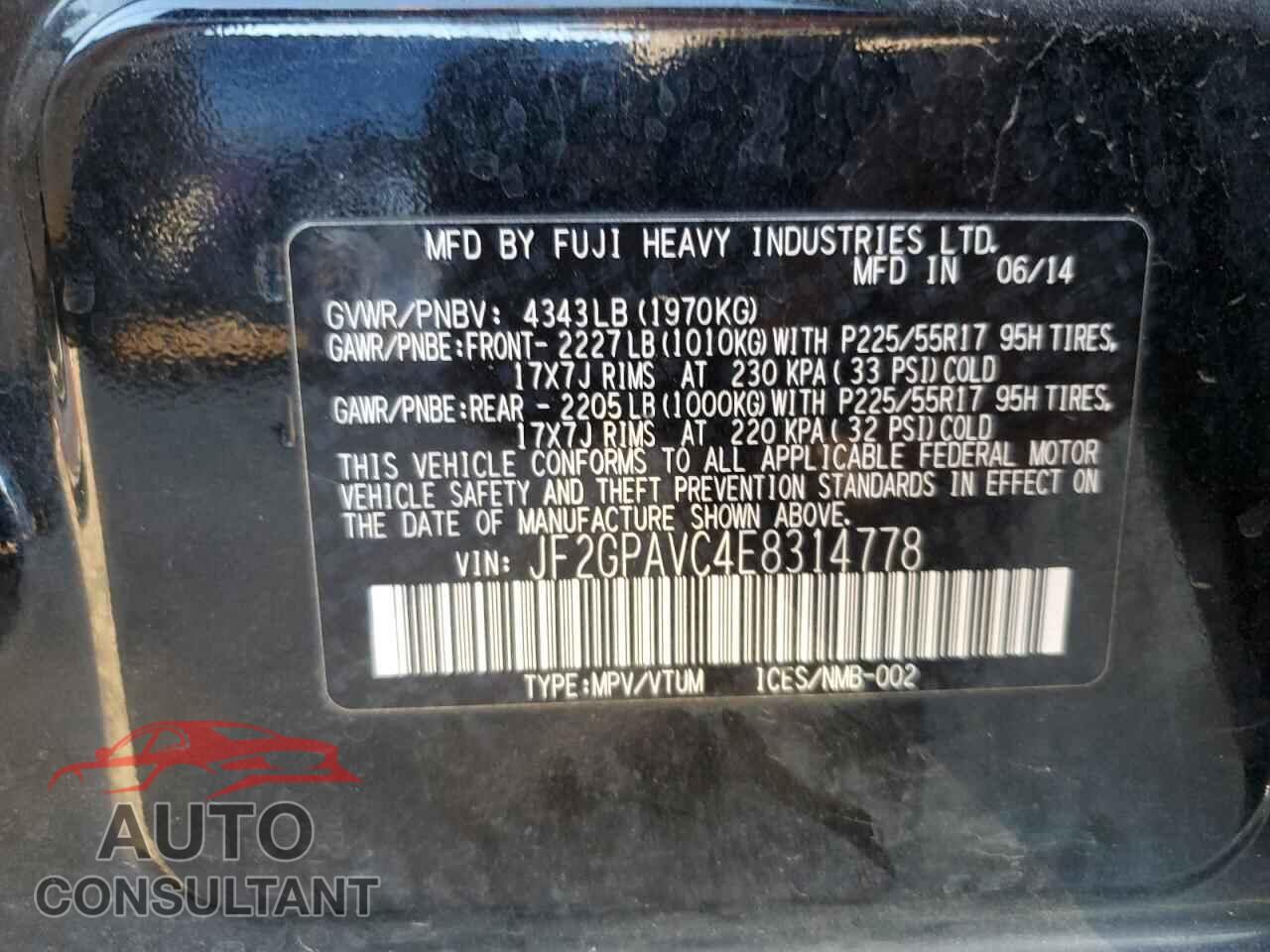 SUBARU XV 2014 - JF2GPAVC4E8314778