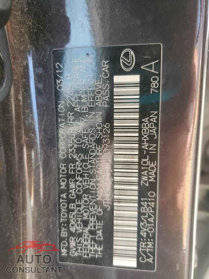 LEXUS CT 200 2012 - JTHKD5BH6C2093126