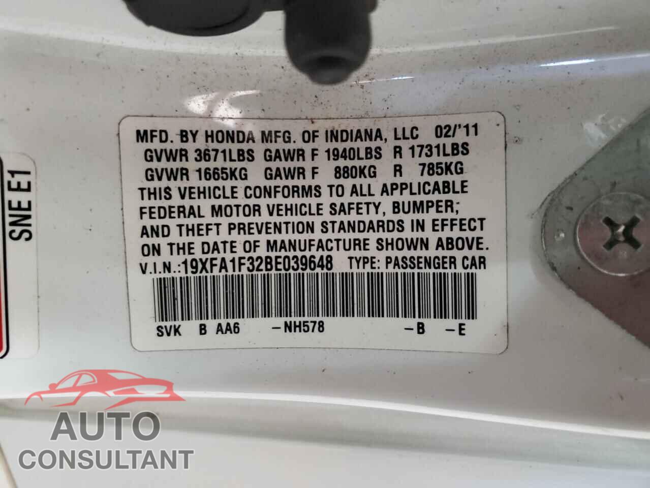 HONDA CIVIC 2011 - 19XFA1F32BE039648