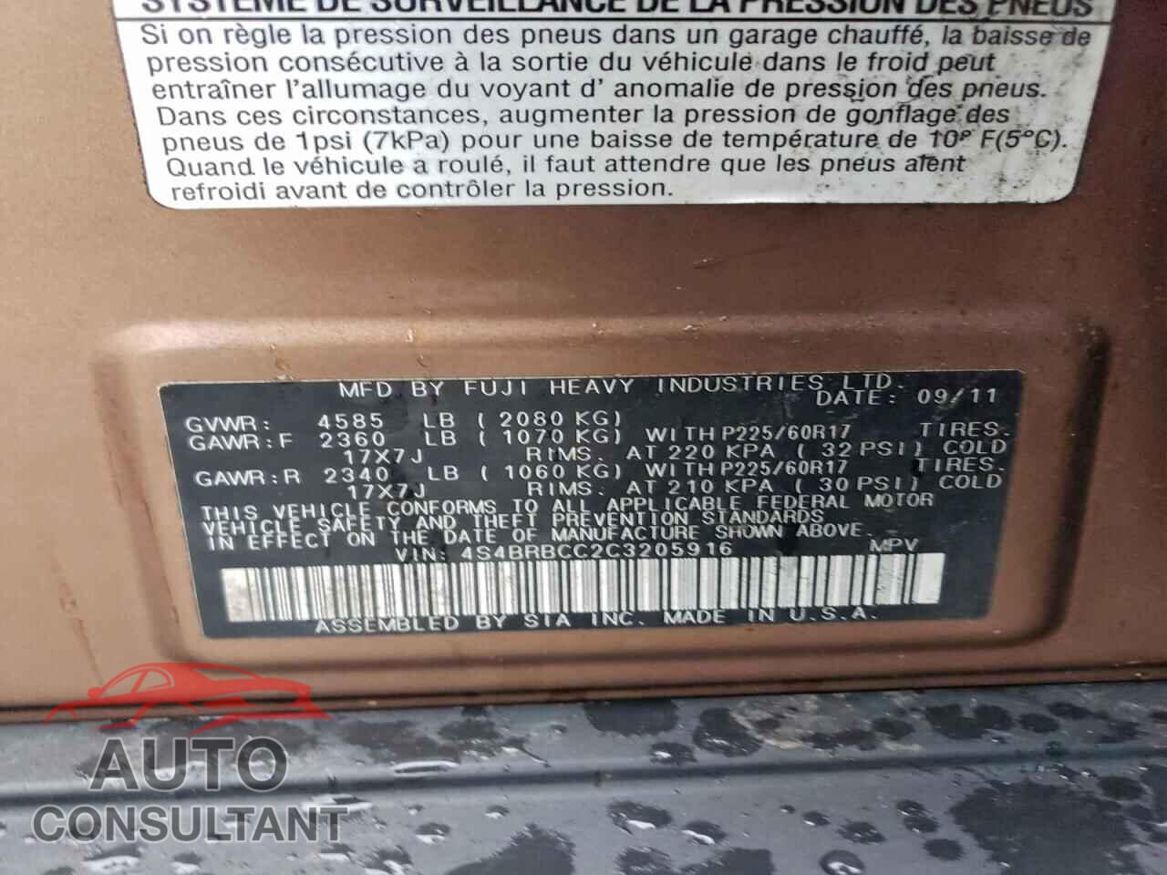 SUBARU OUTBACK 2012 - 4S4BRBCC2C3205916