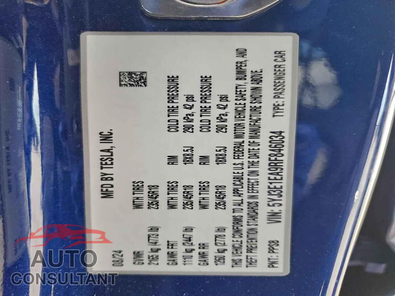 TESLA MODEL 3 2024 - 5YJ3E1EA9RF846034