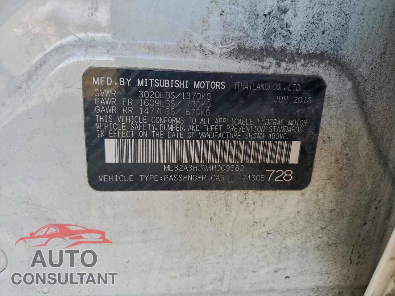 MITSUBISHI MIRAGE 2017 - ML32A3HJ9HH009882