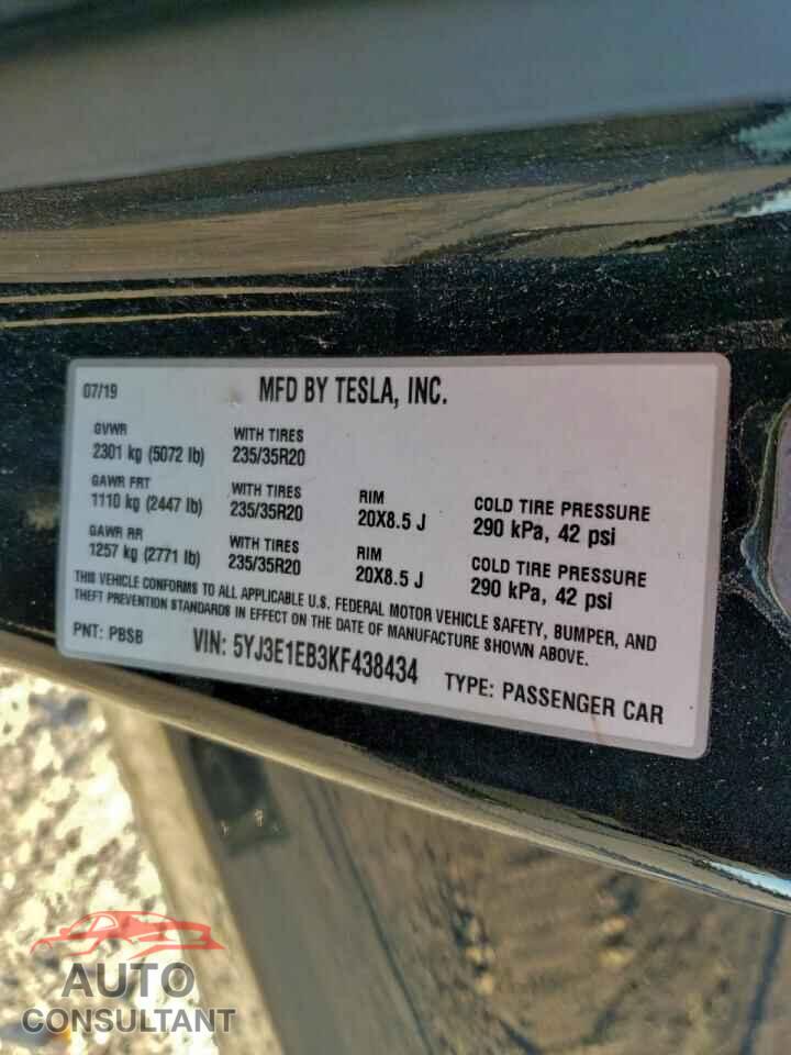 TESLA MODEL 3 2019 - 5YJ3E1EB3KF438434