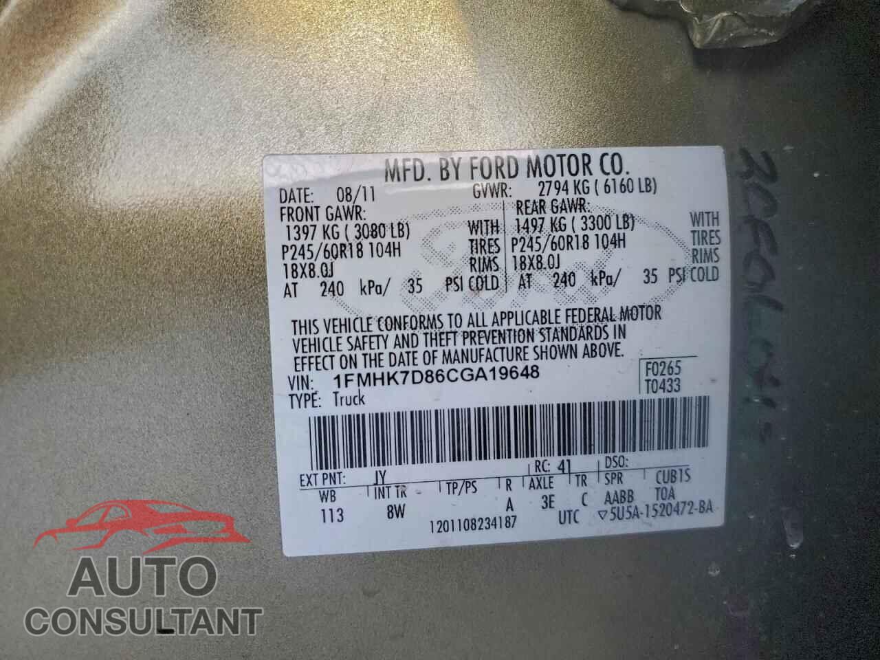 FORD EXPLORER 2012 - 1FMHK7D86CGA19648