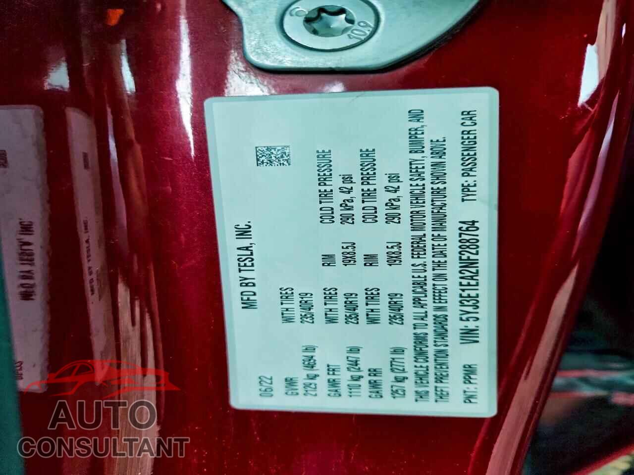 TESLA MODEL 3 2022 - 5YJ3E1EA2NF288764