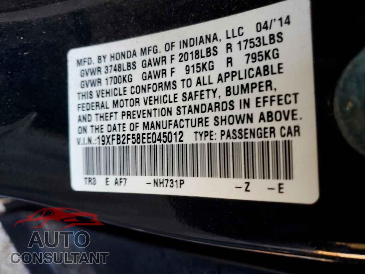 HONDA CIVIC 2014 - 19XFB2F58EE045012