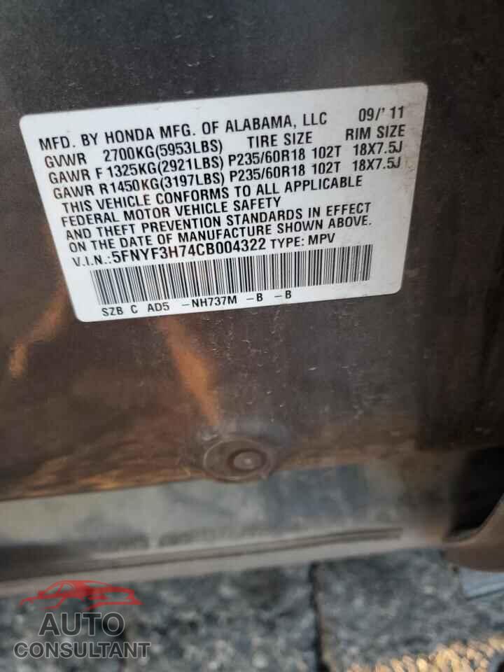 HONDA PILOT 2012 - 5FNYF3H74CB004322