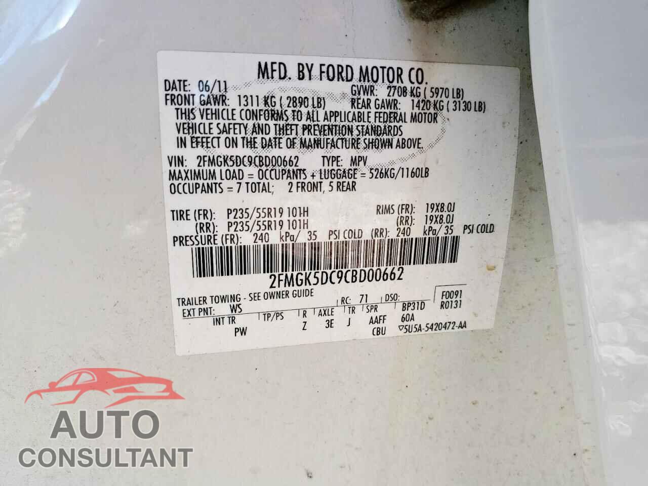FORD FLEX 2012 - 2FMGK5DC9CBD00662