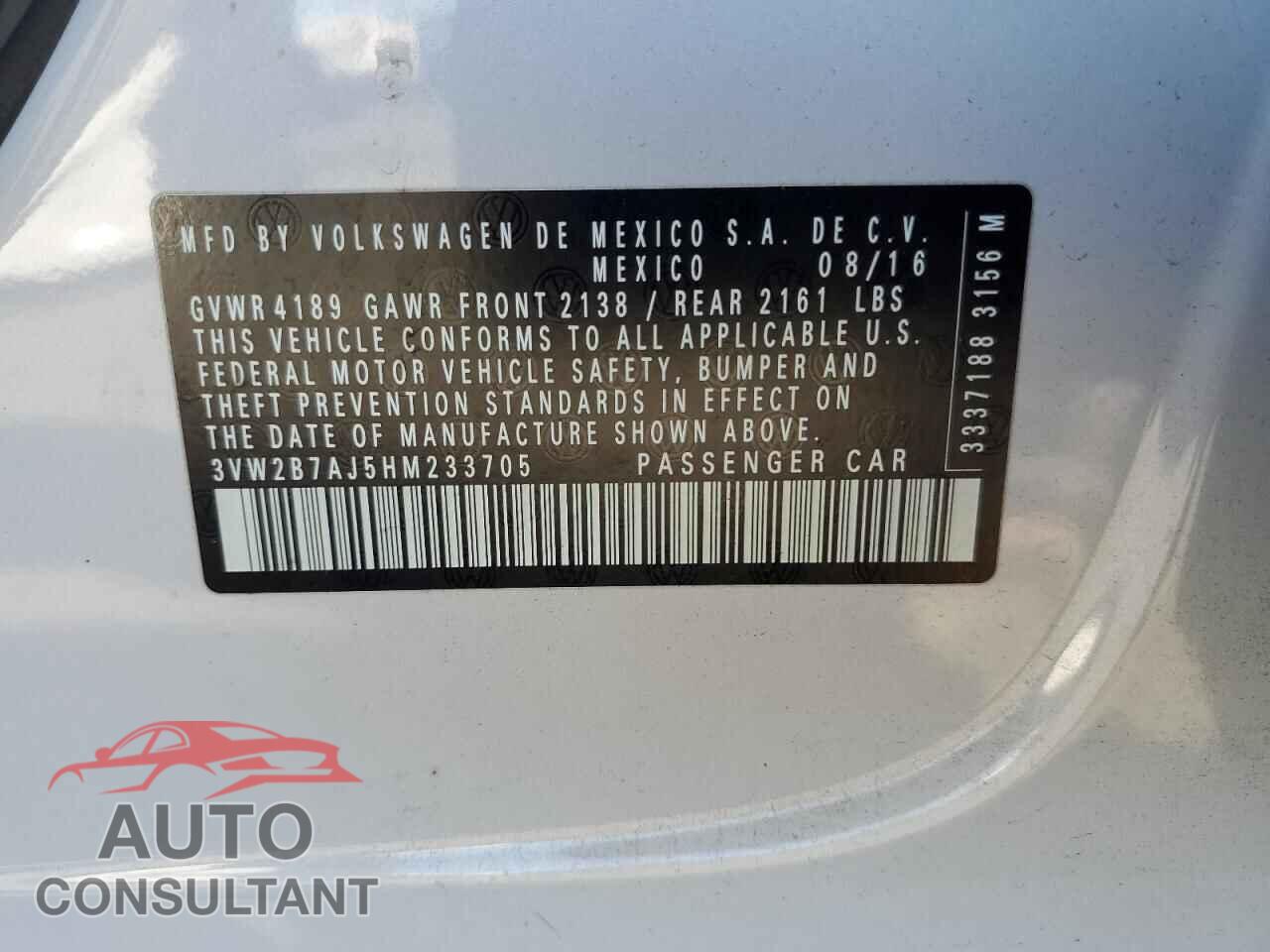 VOLKSWAGEN JETTA 2017 - 3VW2B7AJ5HM233705
