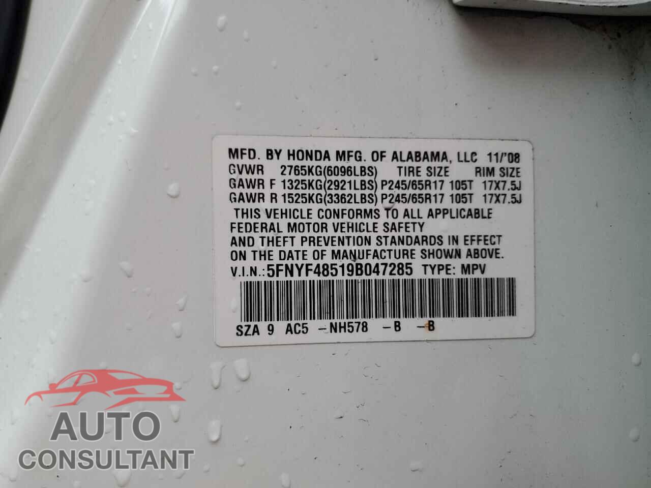 HONDA PILOT 2009 - 5FNYF48519B047285