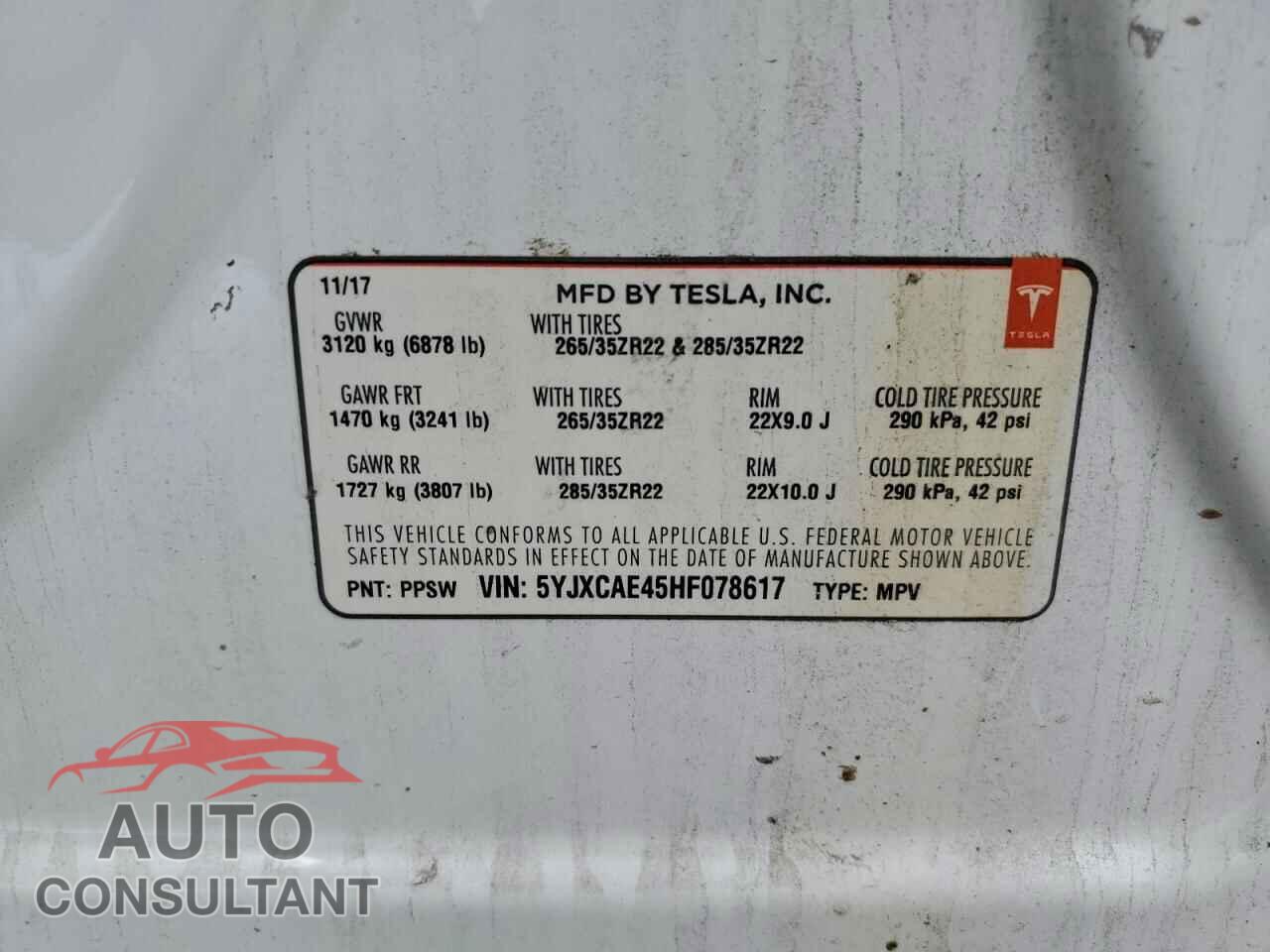 TESLA MODEL X 2017 - 5YJXCAE45HF078617