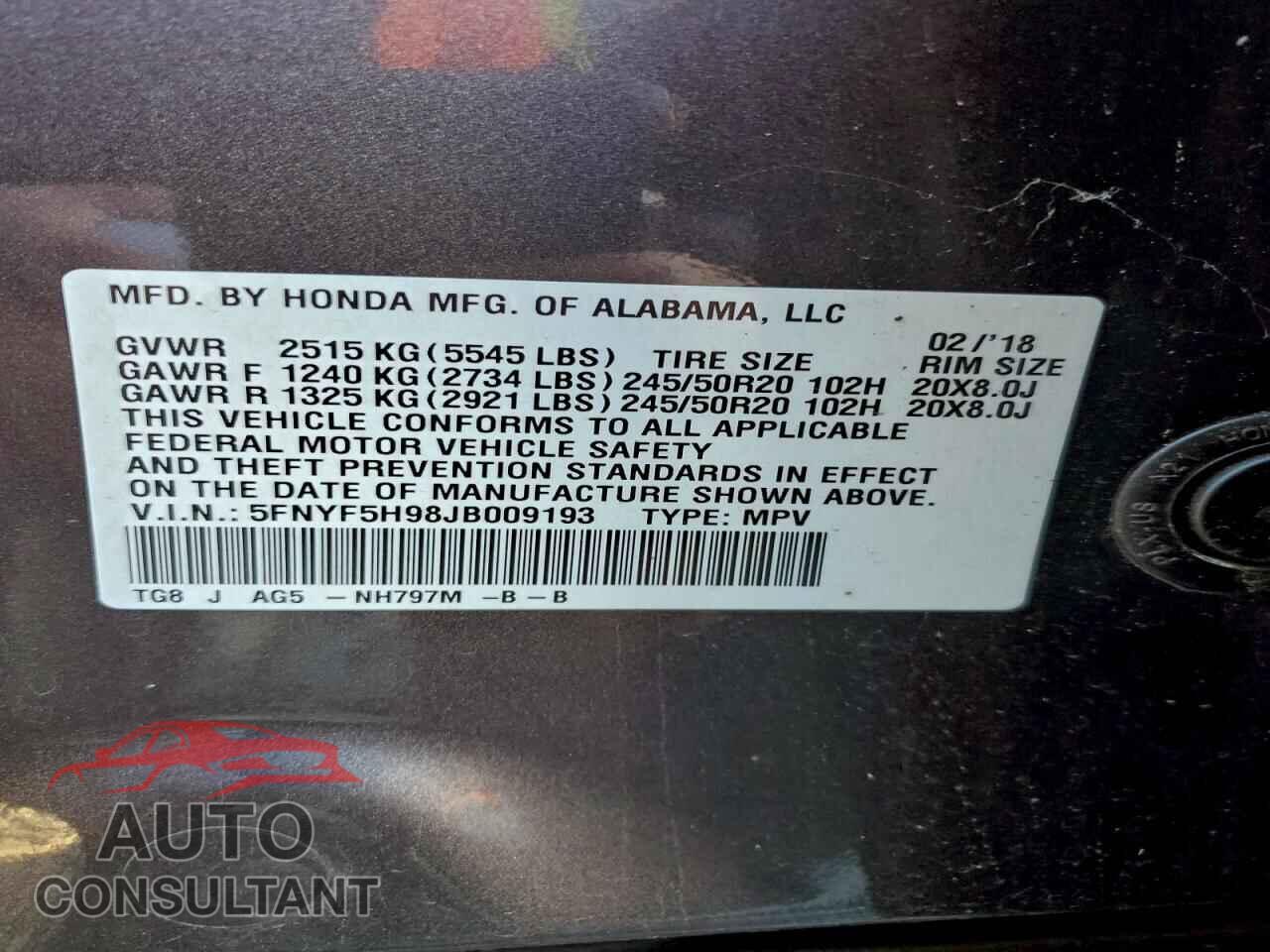 HONDA PILOT 2018 - 5FNYF5H98JB009193