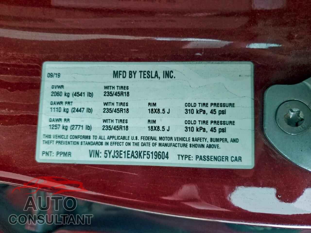 TESLA MODEL 3 2019 - 5YJ3E1EA3KF519604