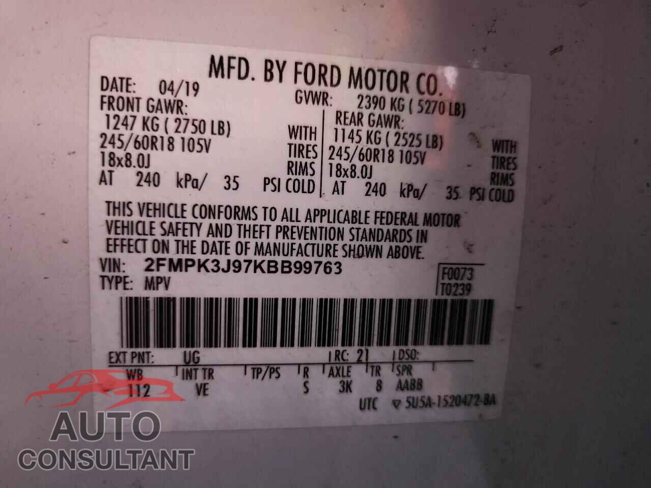 FORD EDGE 2019 - 2FMPK3J97KBB99763