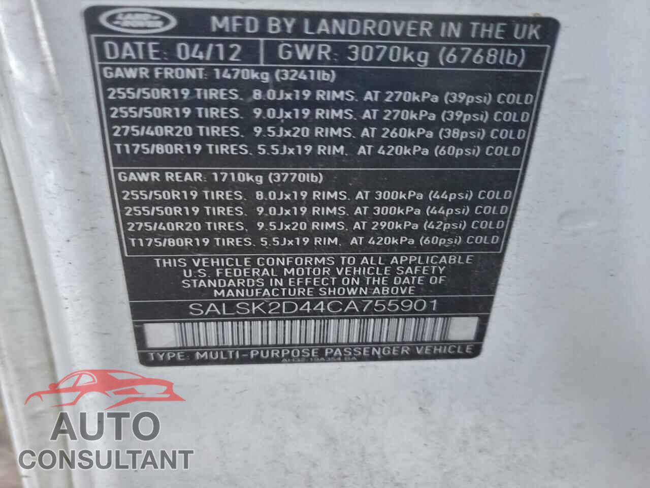 LAND ROVER RANGEROVER 2012 - SALSK2D44CA755901