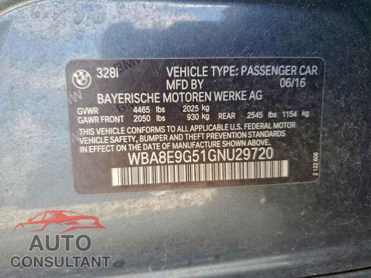 BMW 3 SERIES 2016 - WBA8E9G51GNU29720
