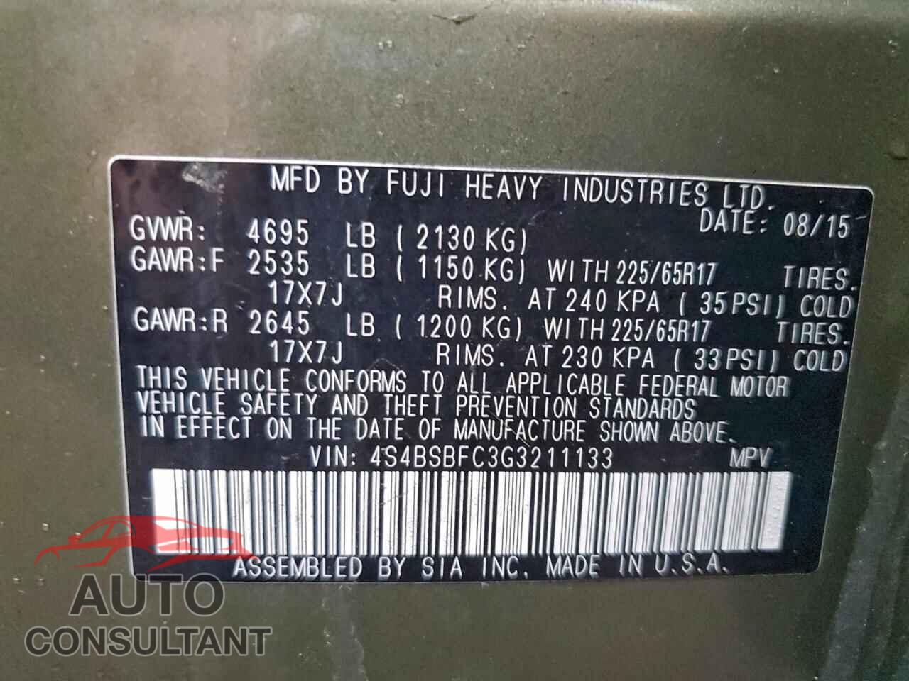SUBARU OUTBACK 2016 - 4S4BSBFC3G3211133