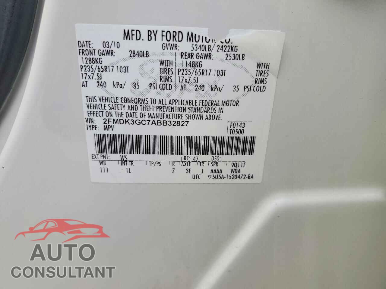 FORD EDGE 2010 - 2FMDK3GC7ABB32827
