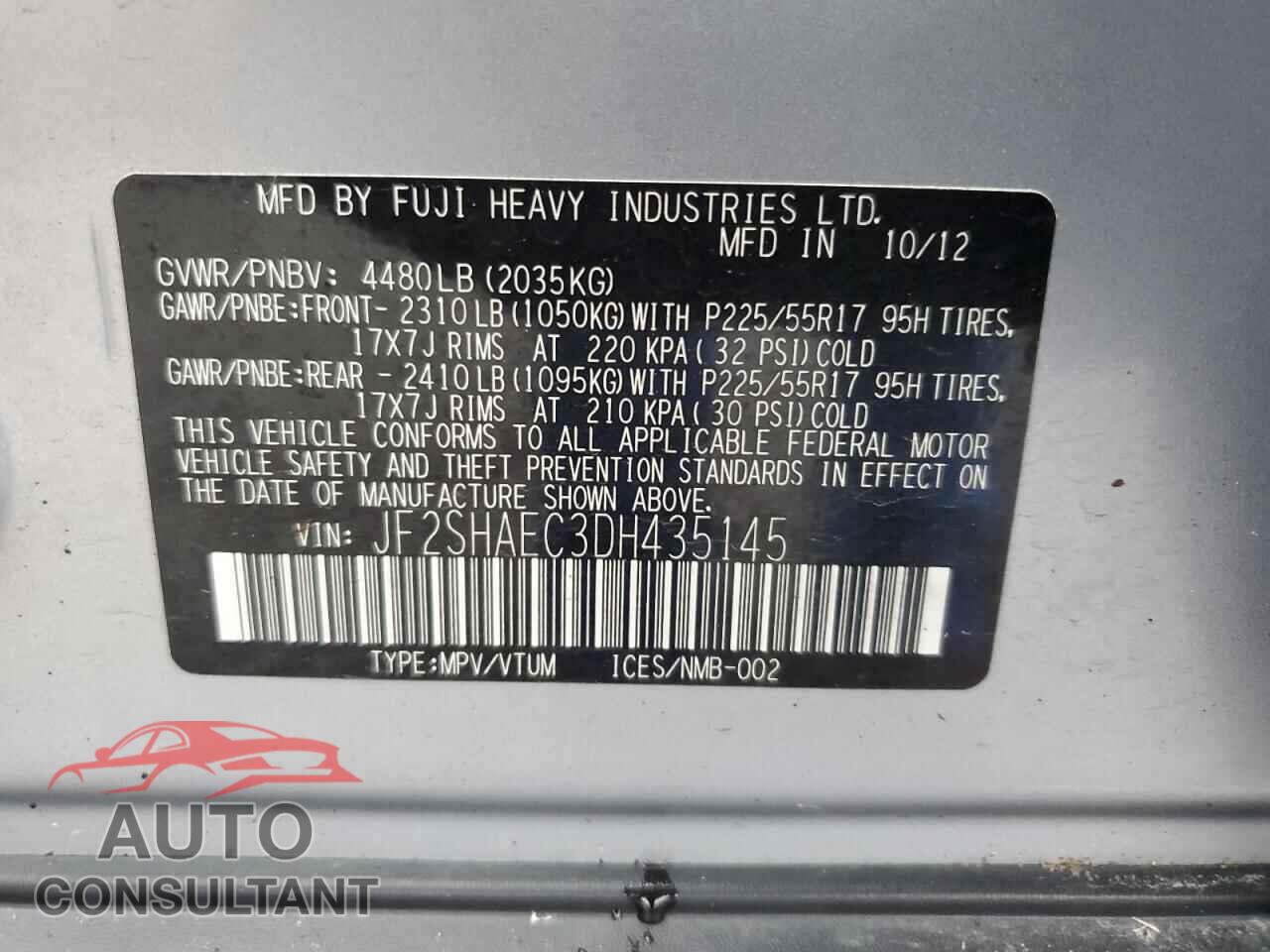 SUBARU FORESTER 2013 - JF2SHAEC3DH435145