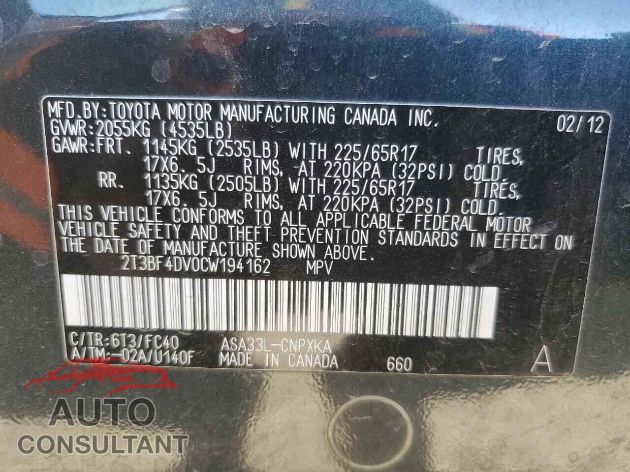 TOYOTA RAV4 2012 - 2T3BF4DV0CW194162