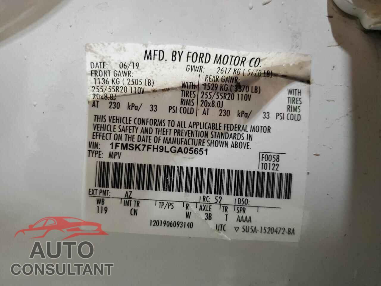 FORD EXPLORER 2020 - 1FMSK7FH9LGA05651