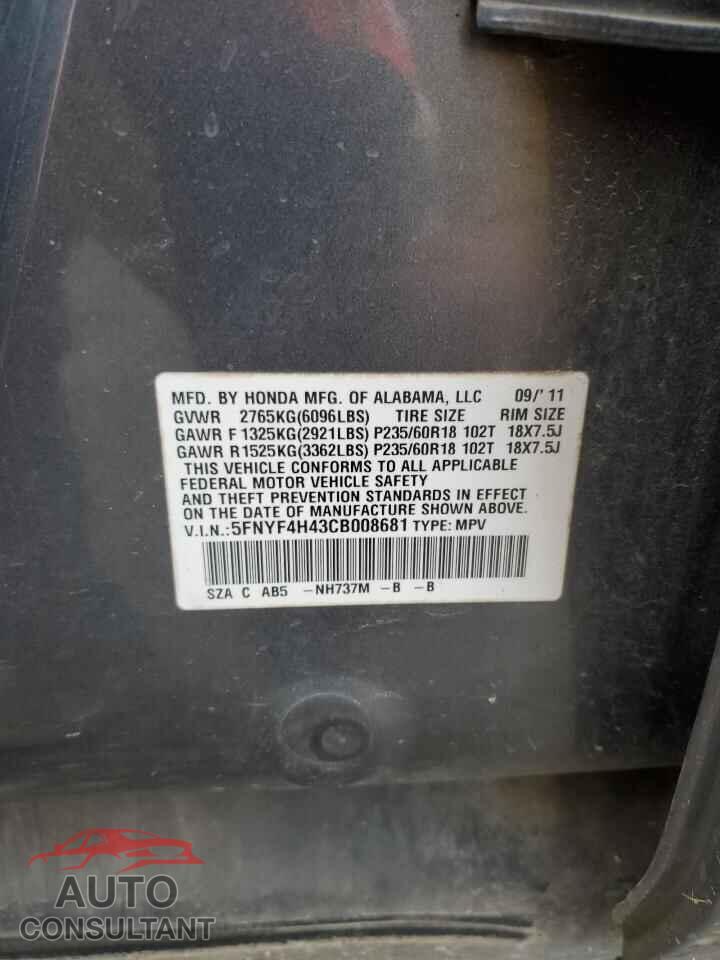 HONDA PILOT 2012 - 5FNYF4H43CB008681