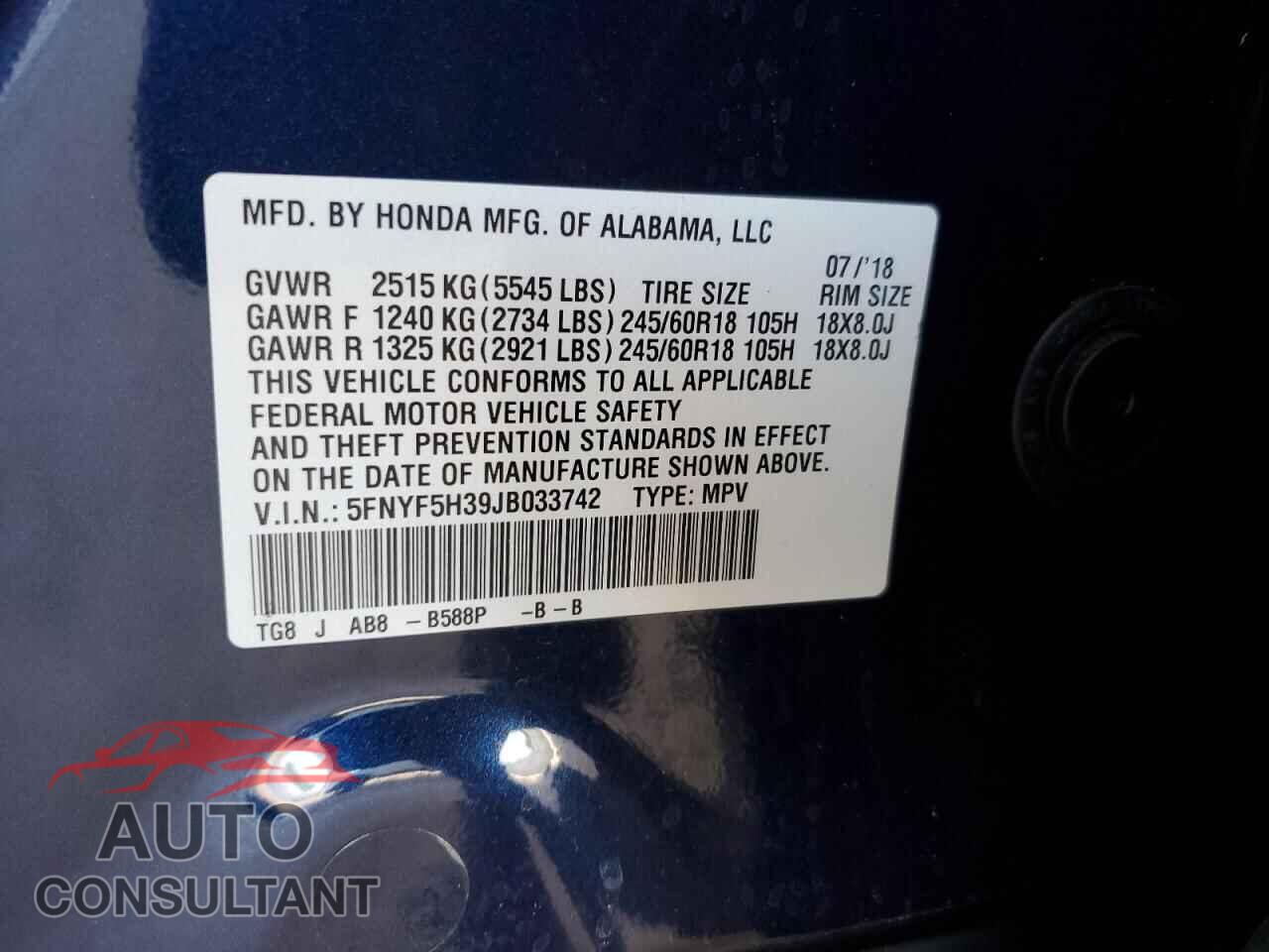 HONDA PILOT 2018 - 5FNYF5H39JB033742