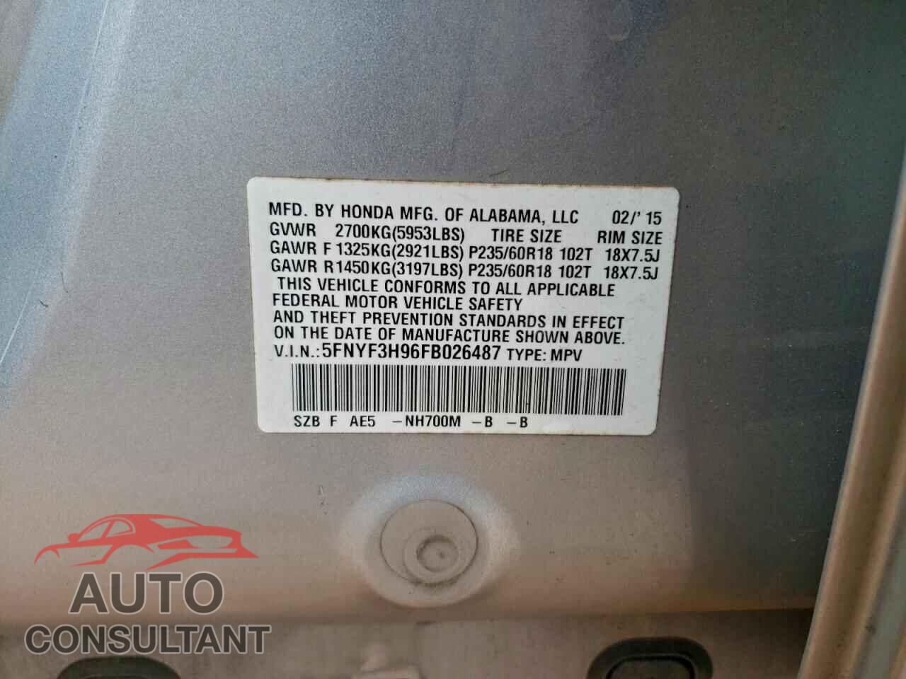 HONDA PILOT 2015 - 5FNYF3H96FB026487