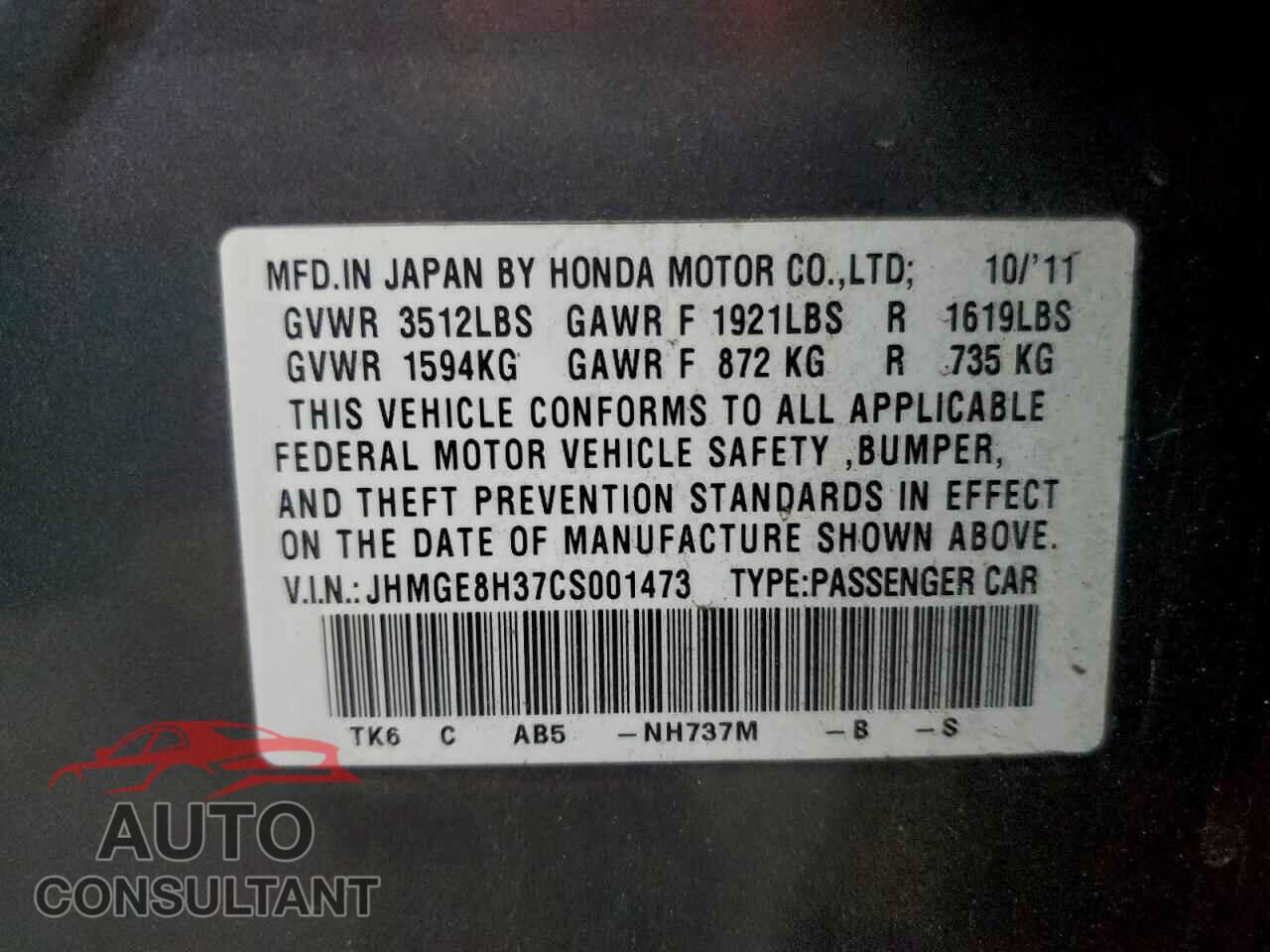 HONDA FIT 2012 - JHMGE8H37CS001473