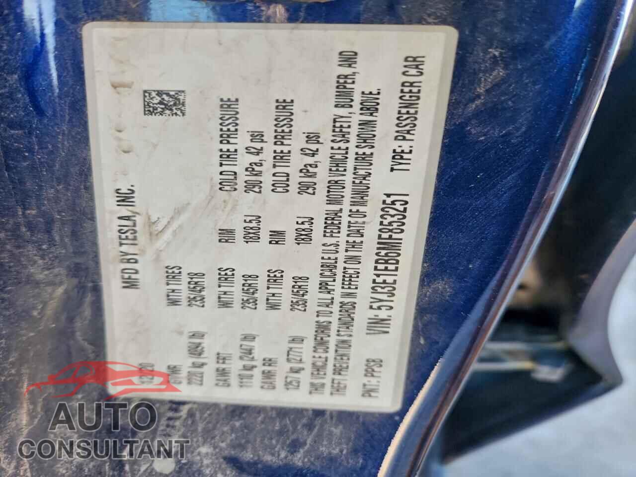 TESLA MODEL 3 2021 - 5YJ3E1EB6MF853251