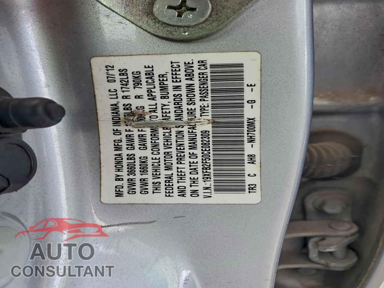 HONDA CIVIC 2012 - 19XFB2F50CE082309