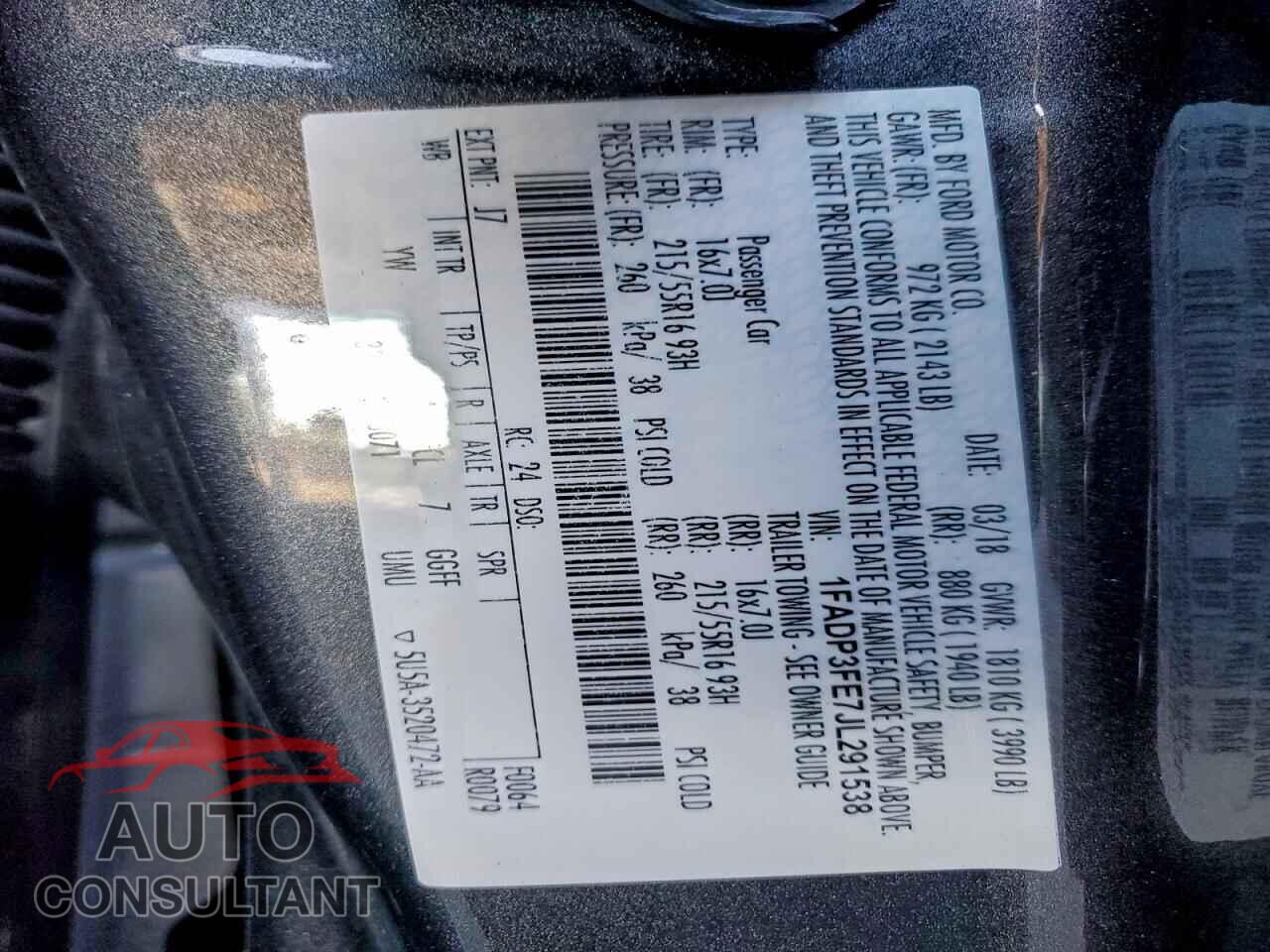 FORD FOCUS 2018 - 1FADP3FE7JL291538