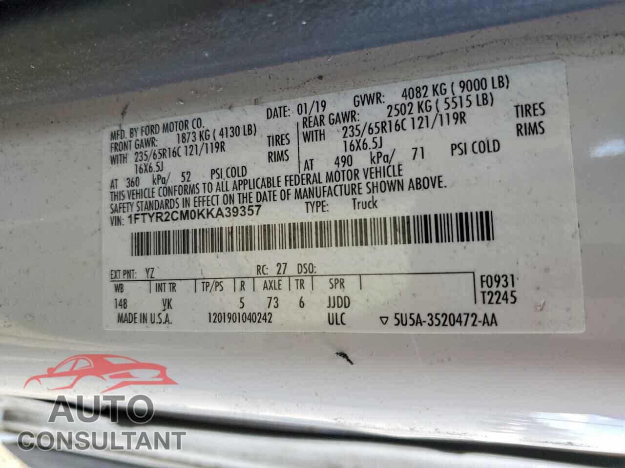 FORD TRANSIT 2019 - 1FTYR2CM0KKA39357