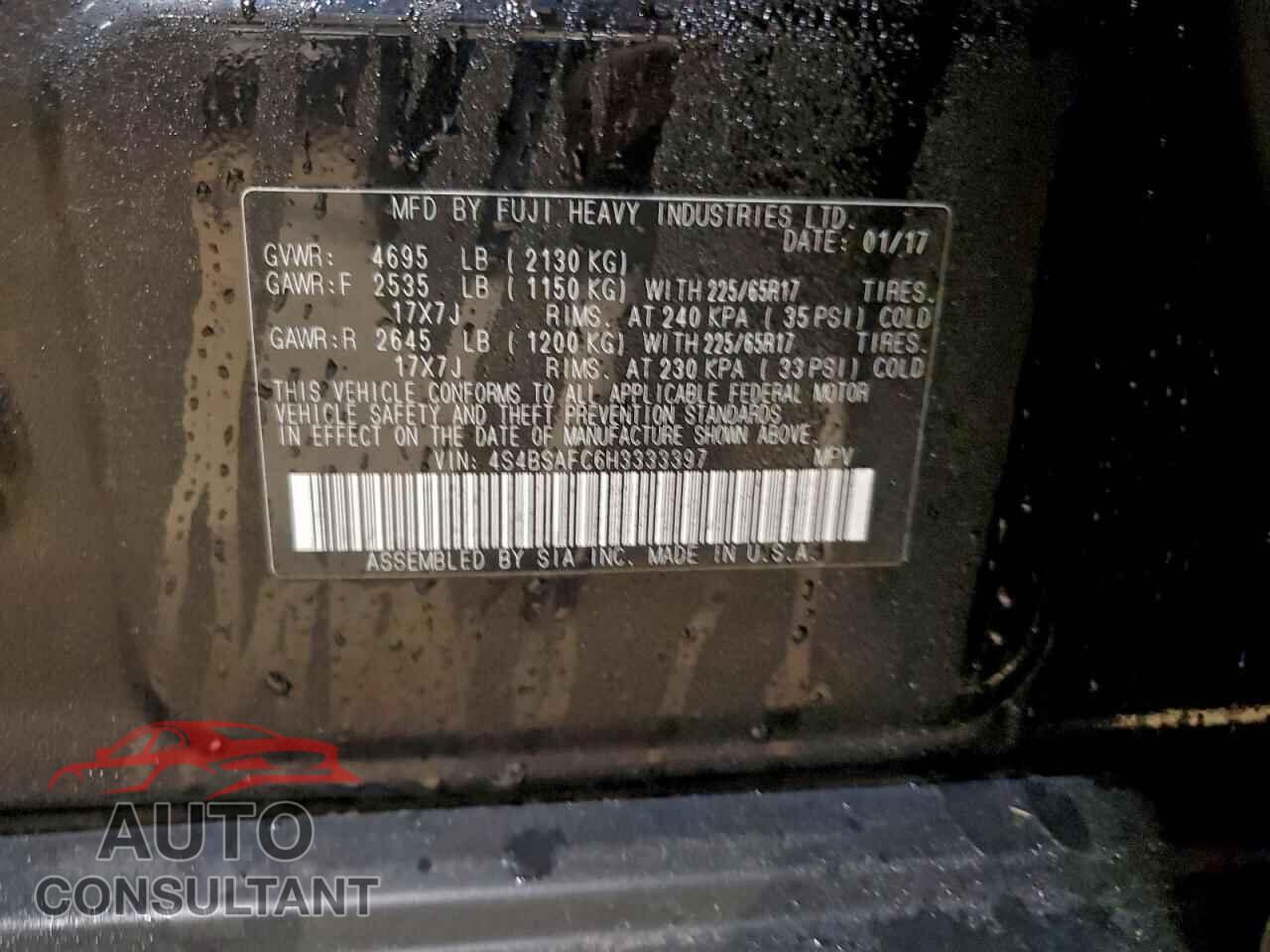 SUBARU OUTBACK 2017 - 4S4BSAFC6H3333397