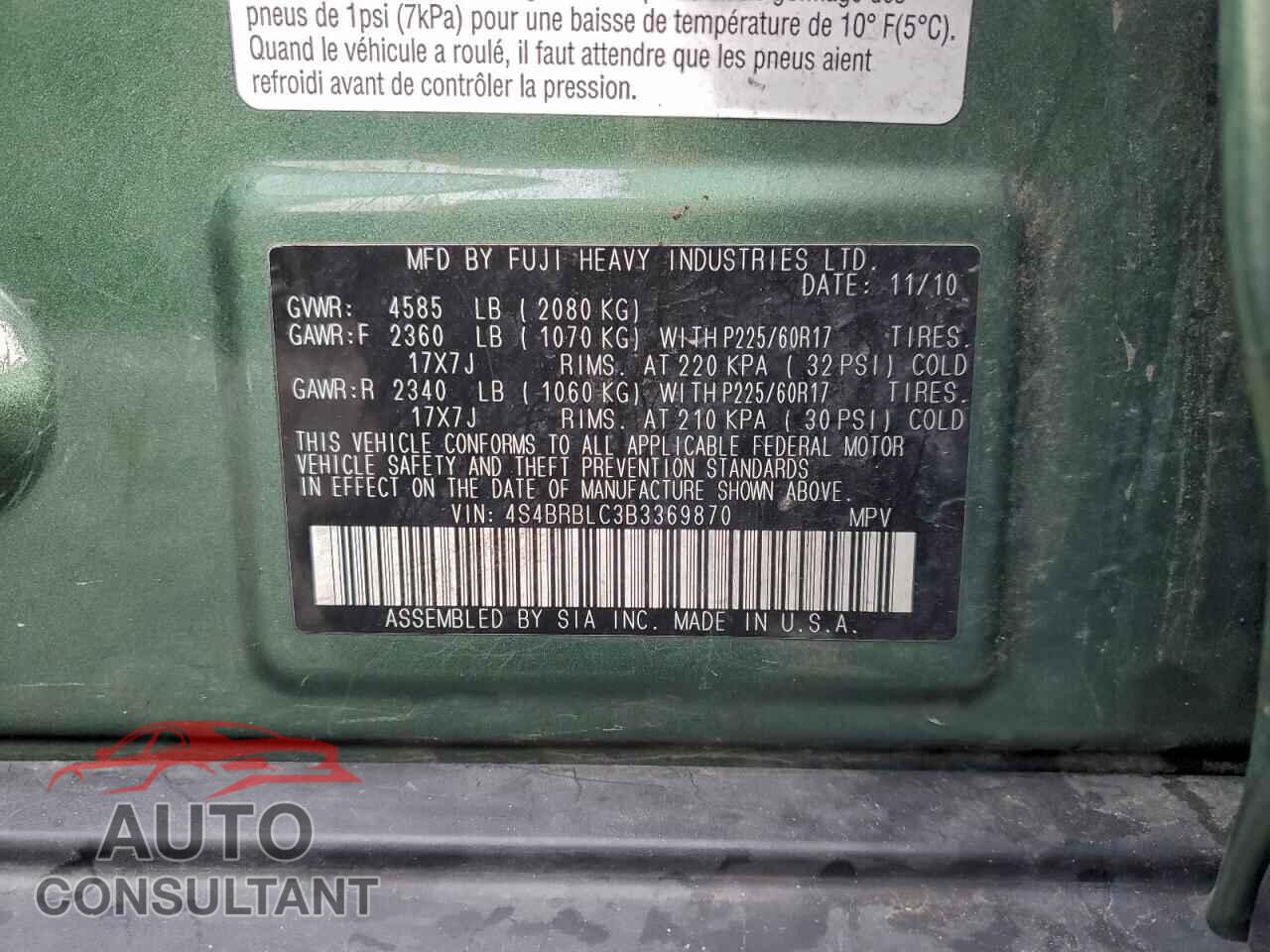 SUBARU OUTBACK 2011 - 4S4BRBLC3B3369870