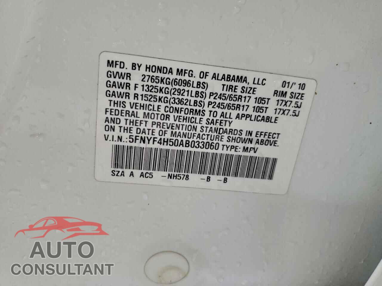 HONDA PILOT 2010 - 5FNYF4H50AB033060