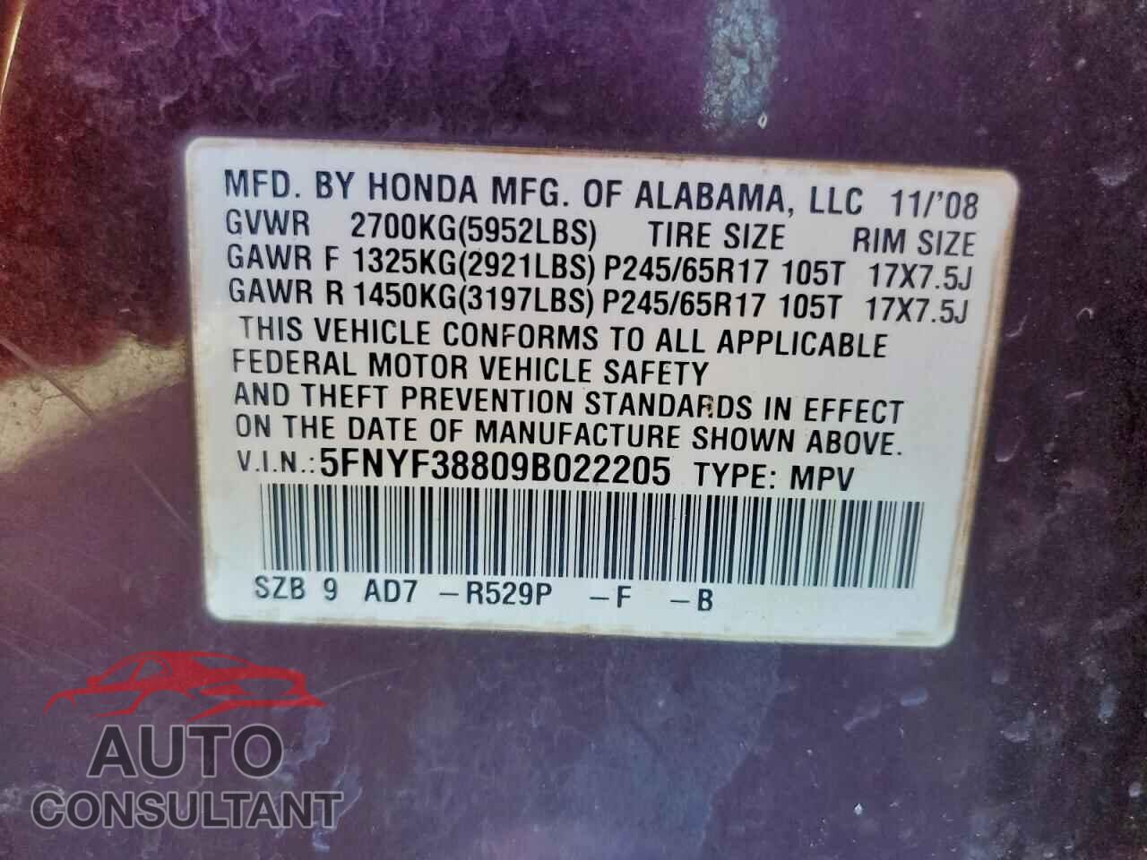 HONDA PILOT 2009 - 5FNYF38809B022205