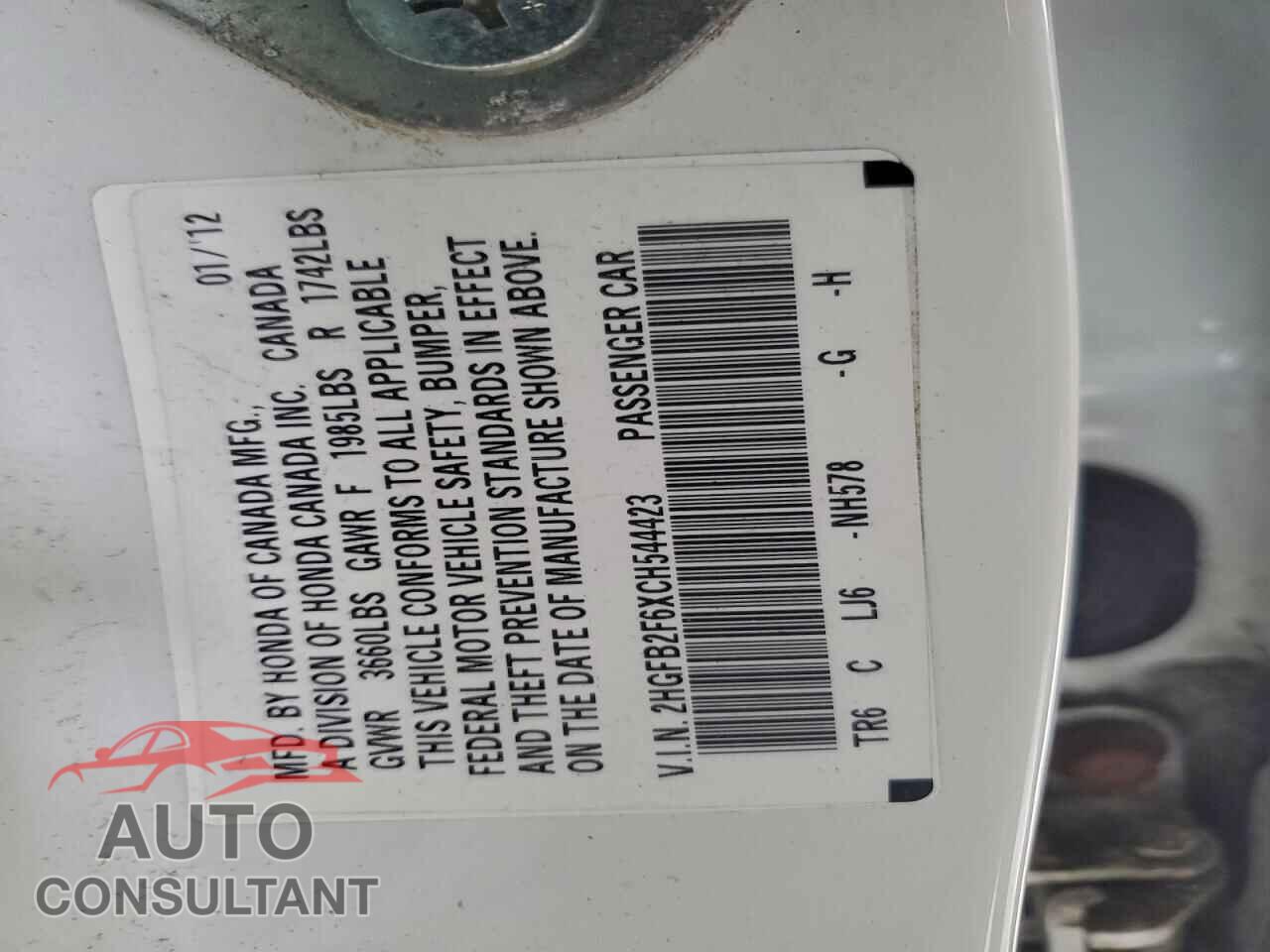 HONDA CIVIC 2012 - 2HGFB2F6XCH544423