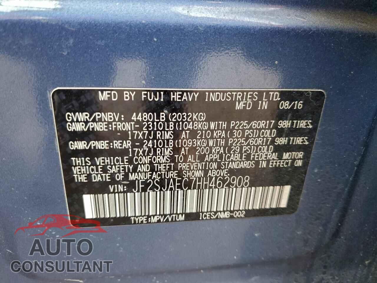 SUBARU FORESTER 2017 - JF2SJAEC7HH462908