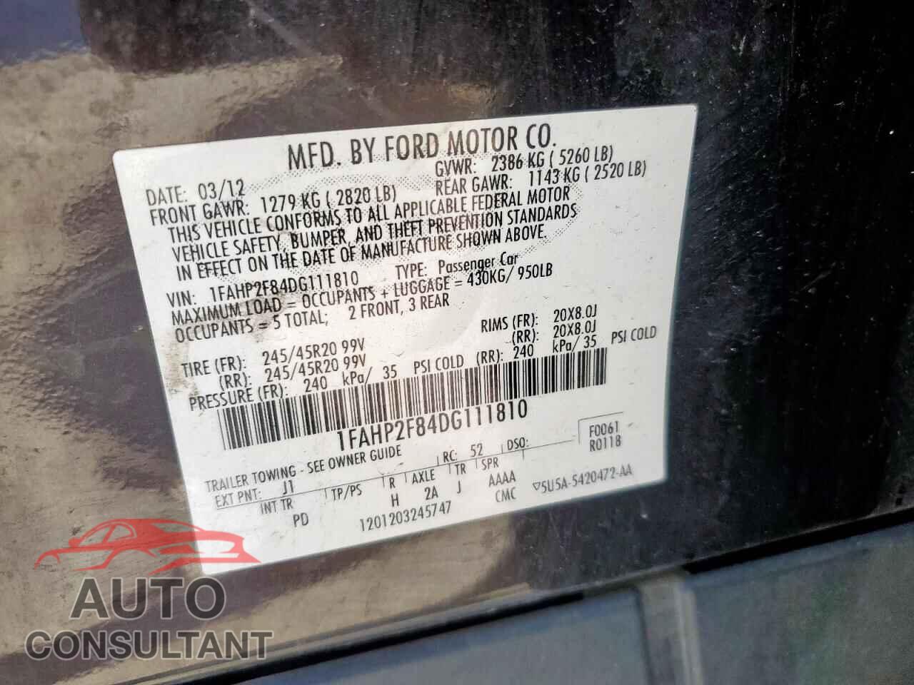FORD TAURUS 2013 - 1FAHP2F84DG111810