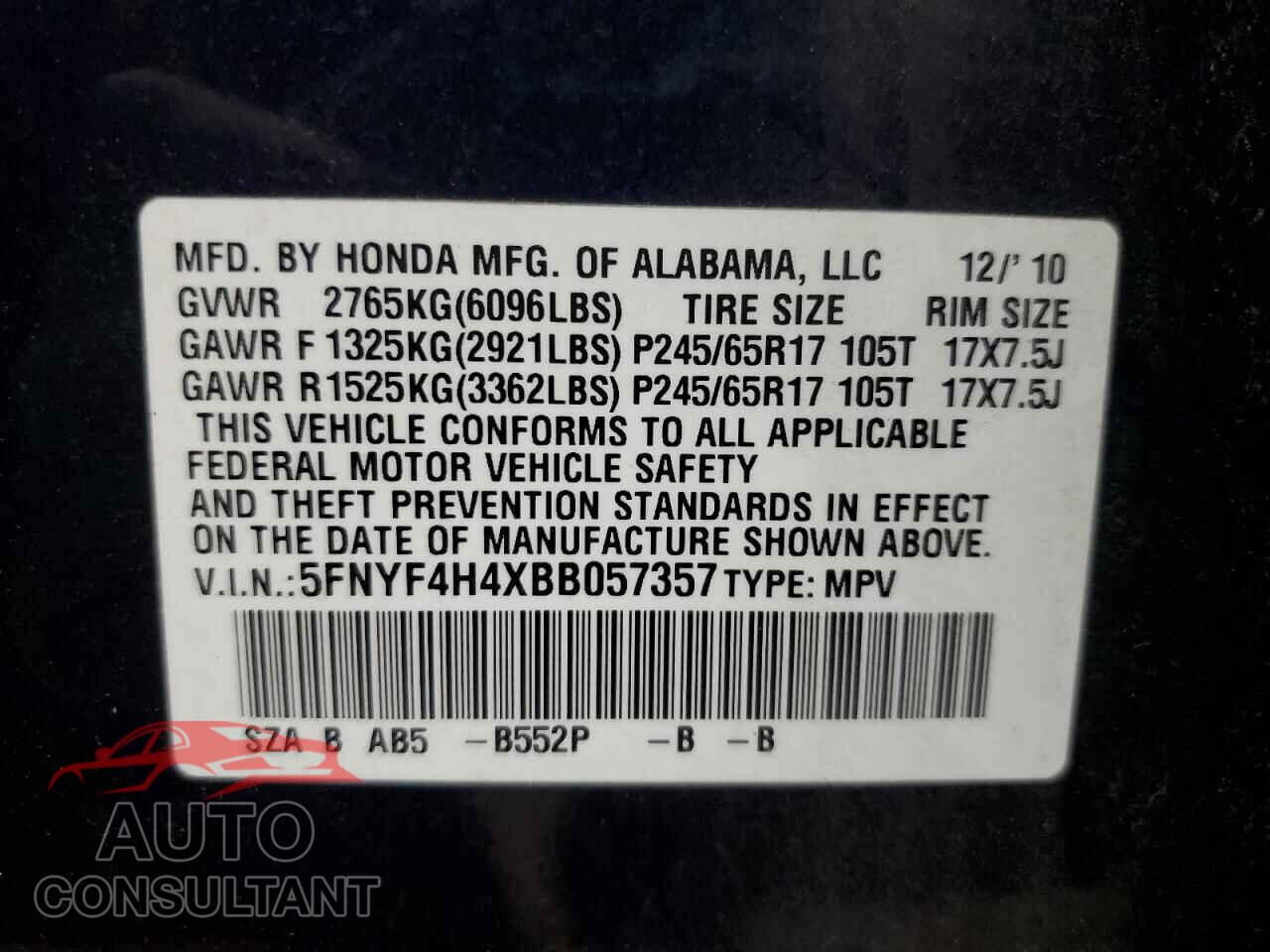HONDA PILOT 2011 - 5FNYF4H4XBB057357